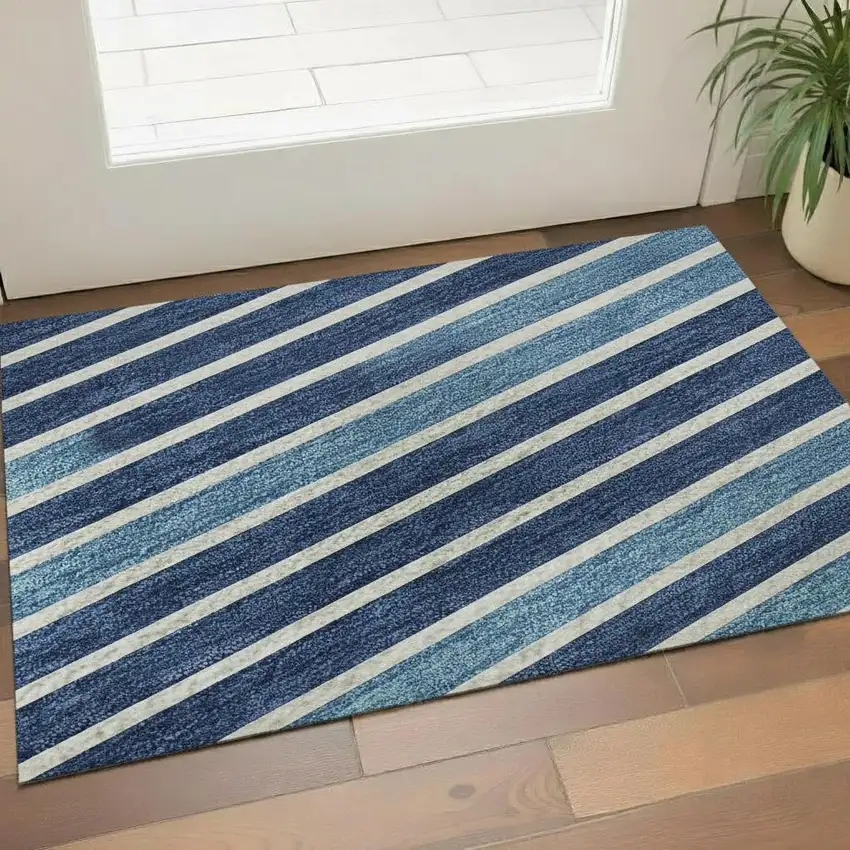 Sky Blue Ivory And Navy Blue Striped Washable Area Rug With UV Protection Photo 2
