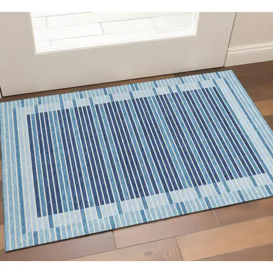 Sky Blue Ivory And Navy Blue Striped Washable Area Rug With UV Protection Photo 1
