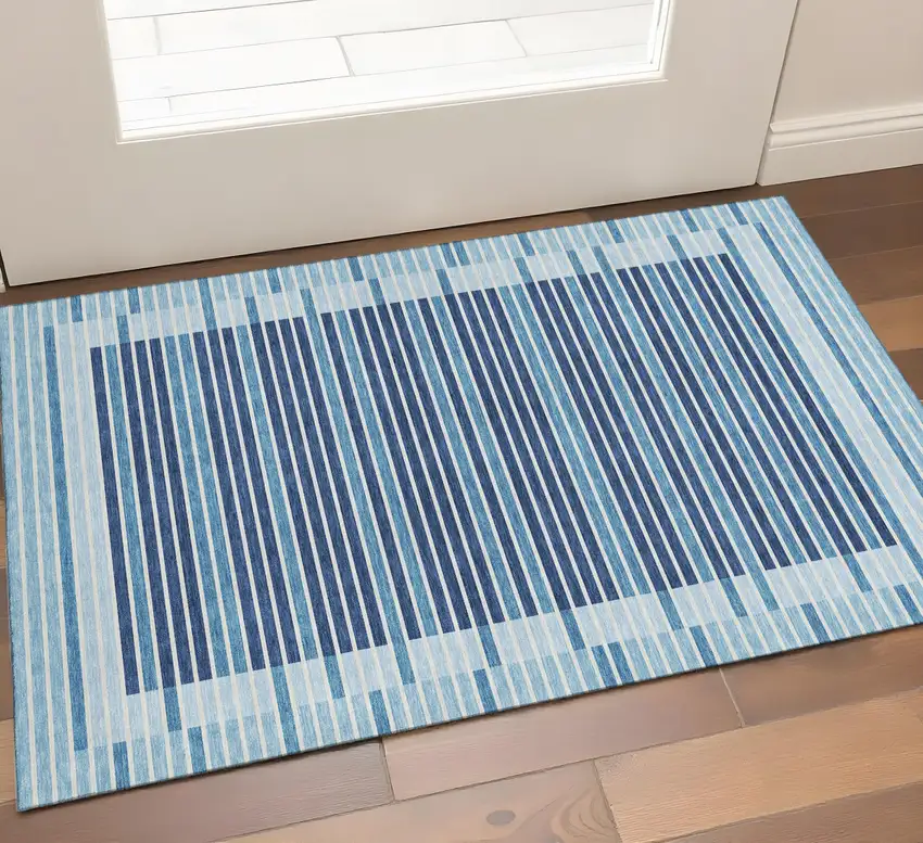 Sky Blue Ivory And Navy Blue Striped Washable Area Rug With UV Protection Photo 1