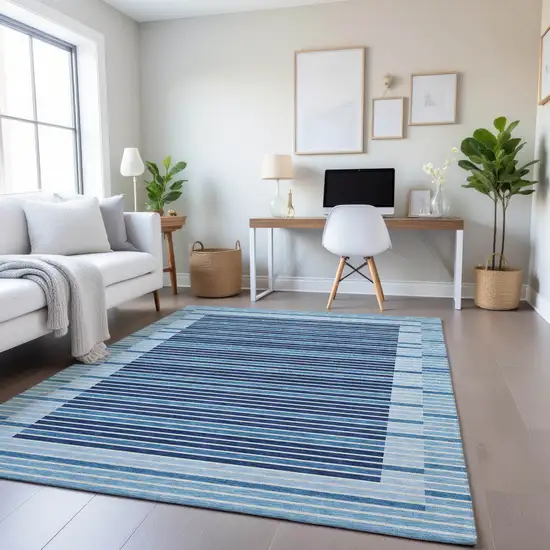 Sky Blue Ivory And Navy Blue Striped Washable Area Rug With UV Protection Photo 5
