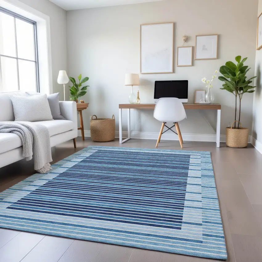 Sky Blue Ivory And Navy Blue Striped Washable Area Rug With UV Protection Photo 4