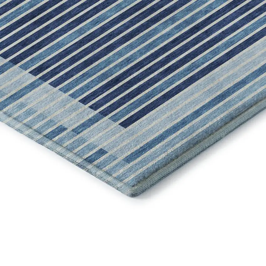 Sky Blue Ivory And Navy Blue Striped Washable Area Rug With UV Protection Photo 8