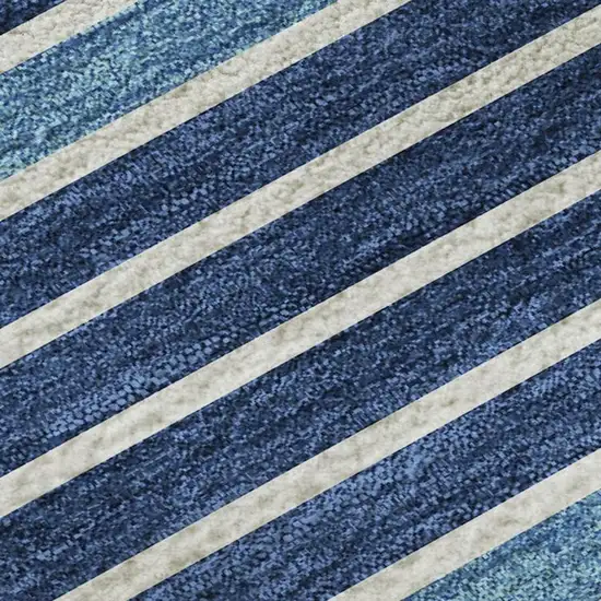 Sky Blue Ivory And Navy Blue Striped Washable Area Rug With UV Protection Photo 2