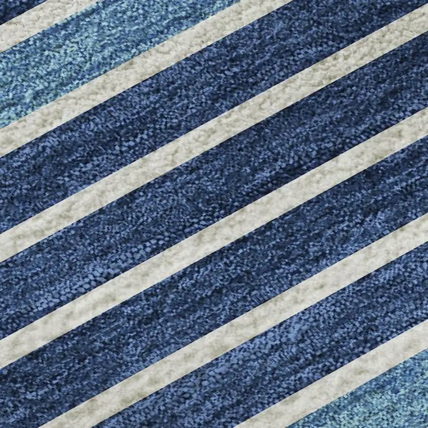 Sky Blue Ivory And Navy Blue Striped Washable Area Rug With UV Protection Photo 2
