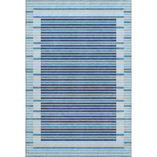 Sky Blue Ivory And Navy Blue Striped Washable Area Rug With UV Protection Photo 6