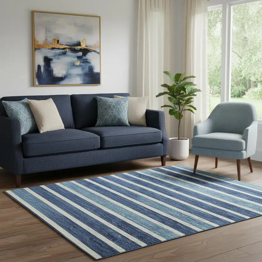 Sky Blue Ivory And Navy Blue Striped Washable Area Rug With UV Protection Photo 2