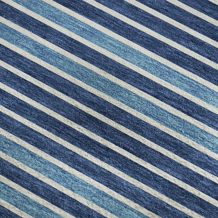 Sky Blue Ivory And Navy Blue Striped Washable Area Rug With UV Protection Photo 3