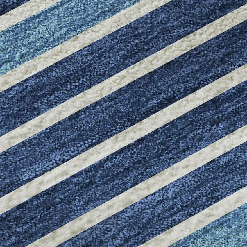 Sky Blue Ivory And Navy Blue Striped Washable Area Rug With UV Protection Photo 2