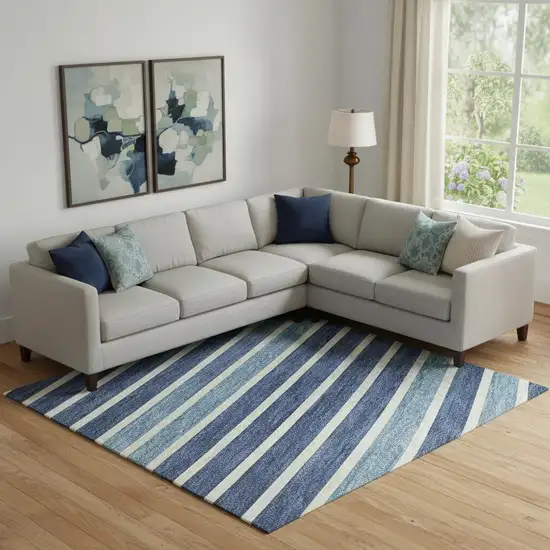 Sky Blue Ivory And Navy Blue Striped Washable Area Rug With UV Protection Photo 2