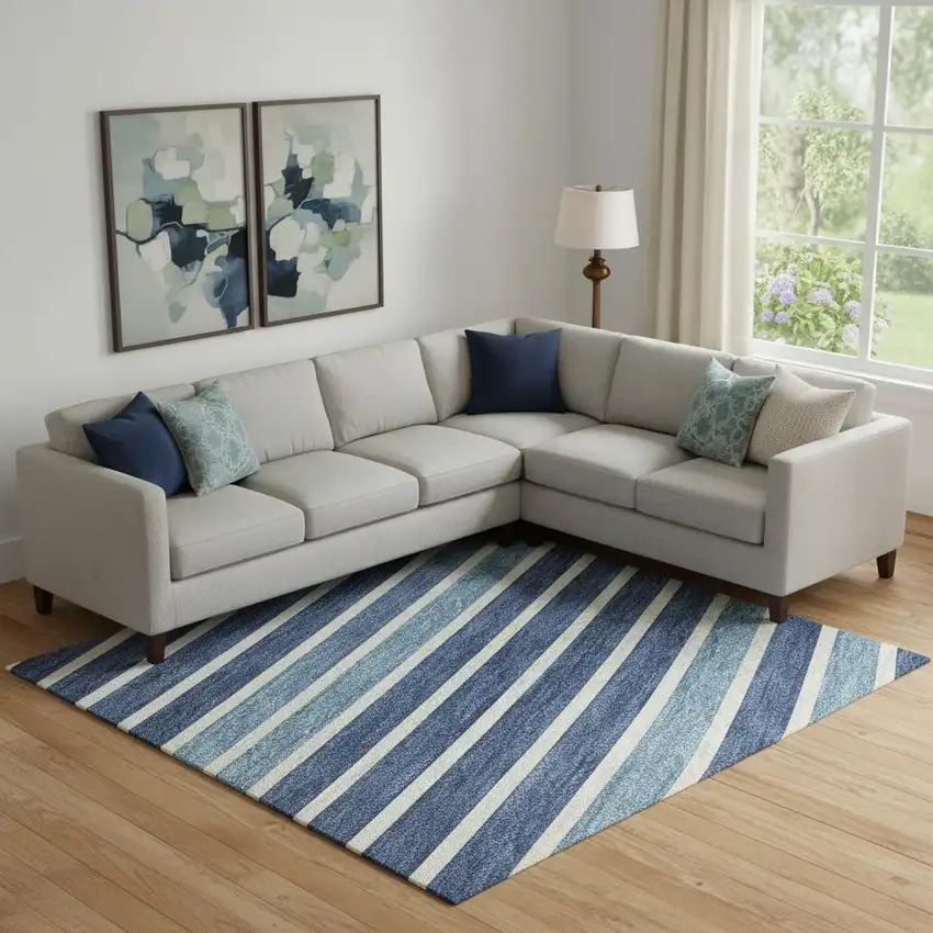 Sky Blue Ivory And Navy Blue Striped Washable Area Rug With UV Protection Photo 2