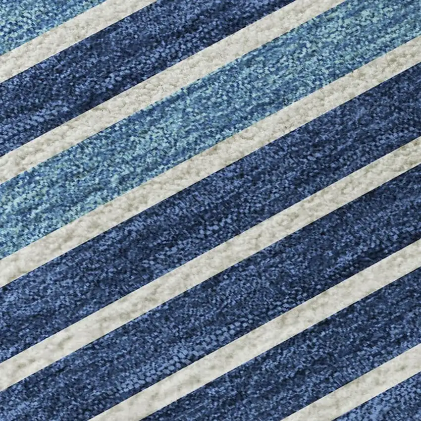 Sky Blue Ivory And Navy Blue Striped Washable Area Rug With UV Protection Photo 2