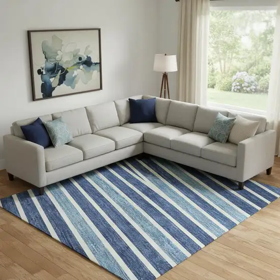 Sky Blue Ivory And Navy Blue Striped Washable Area Rug With UV Protection Photo 2