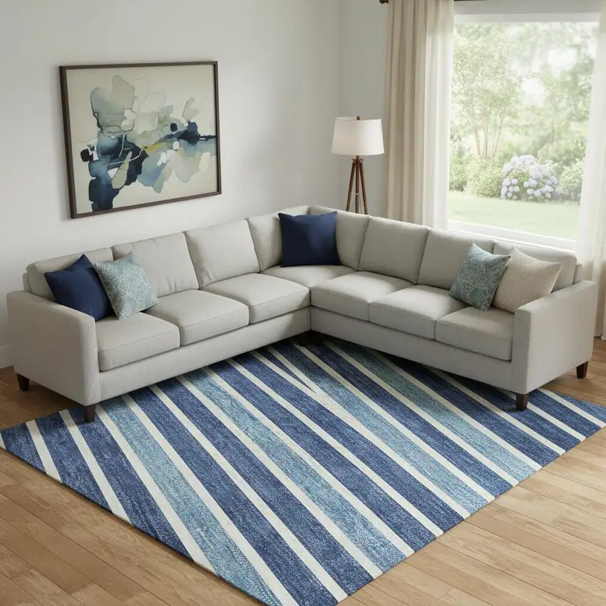 Sky Blue Ivory And Navy Blue Striped Washable Area Rug With UV Protection Photo 2