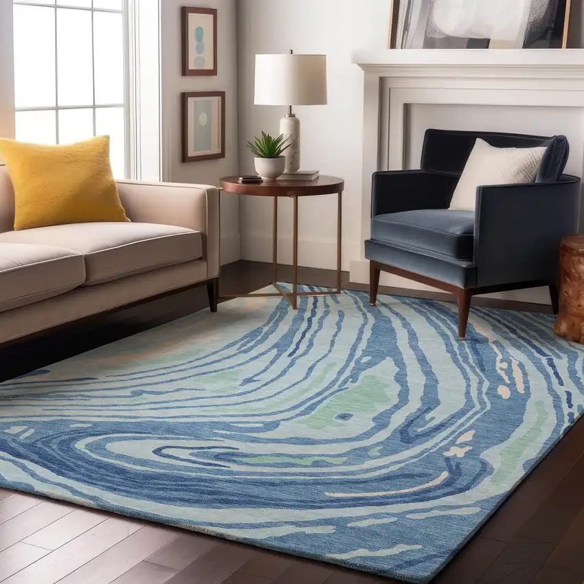 Sky Blue Ivory And Sage Abstract Washable Area Rug With UV Protection Photo 2