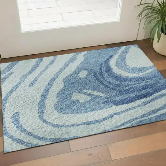 Sky Blue Ivory And Sage Abstract Washable Area Rug With UV Protection Photo 2