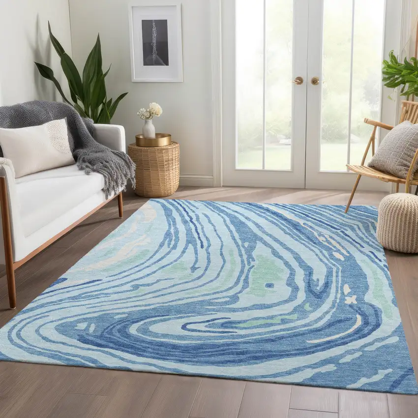 Sky Blue Ivory And Sage Abstract Washable Area Rug With UV Protection Photo 3