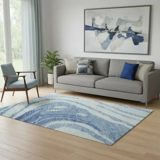 Sky Blue Ivory And Sage Abstract Washable Area Rug With UV Protection Photo 2