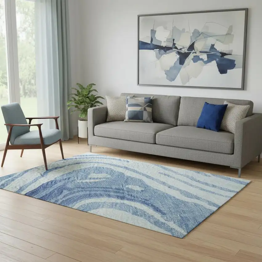 Sky Blue Ivory And Sage Abstract Washable Area Rug With UV Protection Photo 2