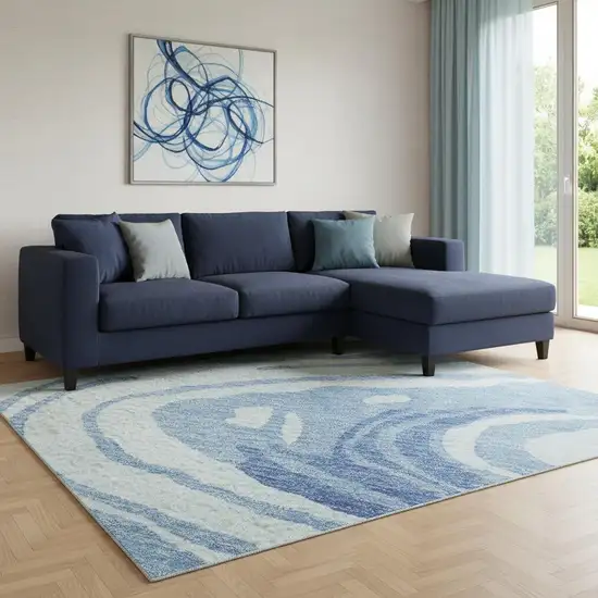 Sky Blue Ivory And Sage Abstract Washable Area Rug With UV Protection Photo 2