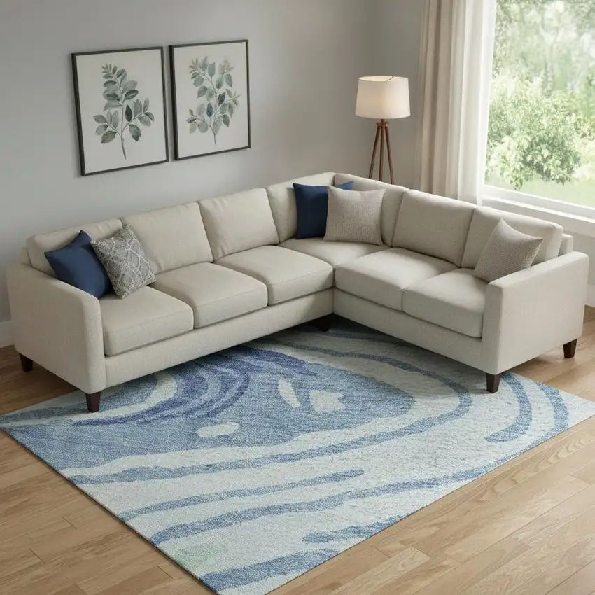 Sky Blue Ivory And Sage Abstract Washable Area Rug With UV Protection Photo 2