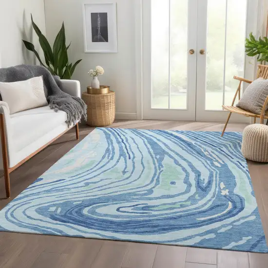 Sky Blue Ivory And Sage Abstract Washable Area Rug With UV Protection Photo 4