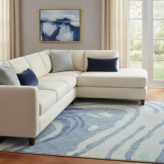Sky Blue Ivory And Sage Abstract Washable Area Rug With UV Protection Photo 2
