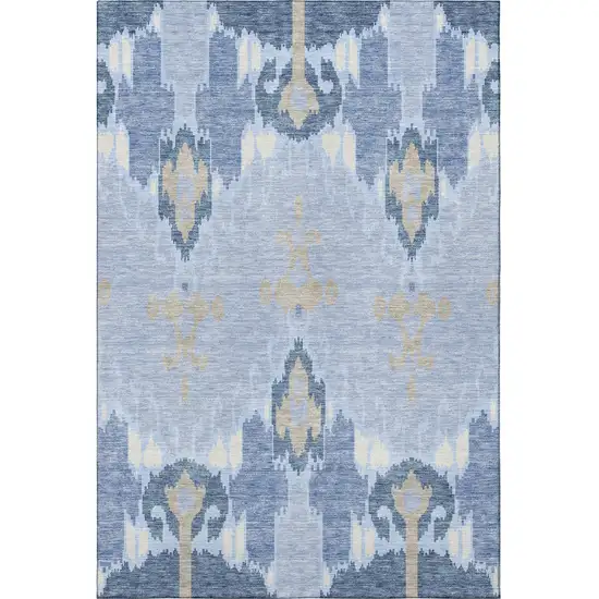Sky Blue Ivory And Tan Ikat Washable Area Rug With UV Protection Photo 4