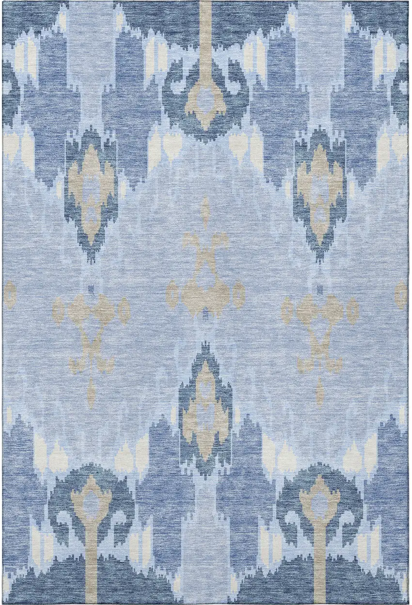 Sky Blue Ivory And Tan Ikat Washable Area Rug With UV Protection Photo 4