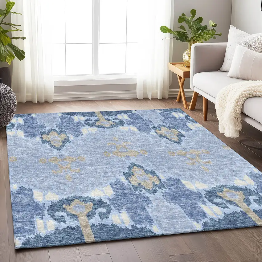 Sky Blue Ivory And Tan Ikat Washable Area Rug With UV Protection Photo 5