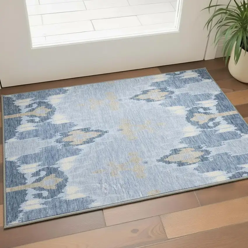 Sky Blue Ivory And Tan Ikat Washable Area Rug With UV Protection Photo 2