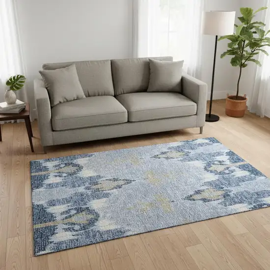 Sky Blue Ivory And Tan Ikat Washable Area Rug With UV Protection Photo 2