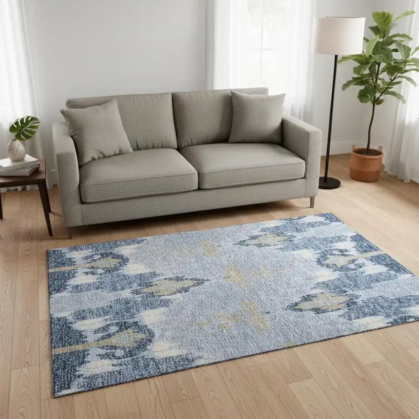 Sky Blue Ivory And Tan Ikat Washable Area Rug With UV Protection Photo 2
