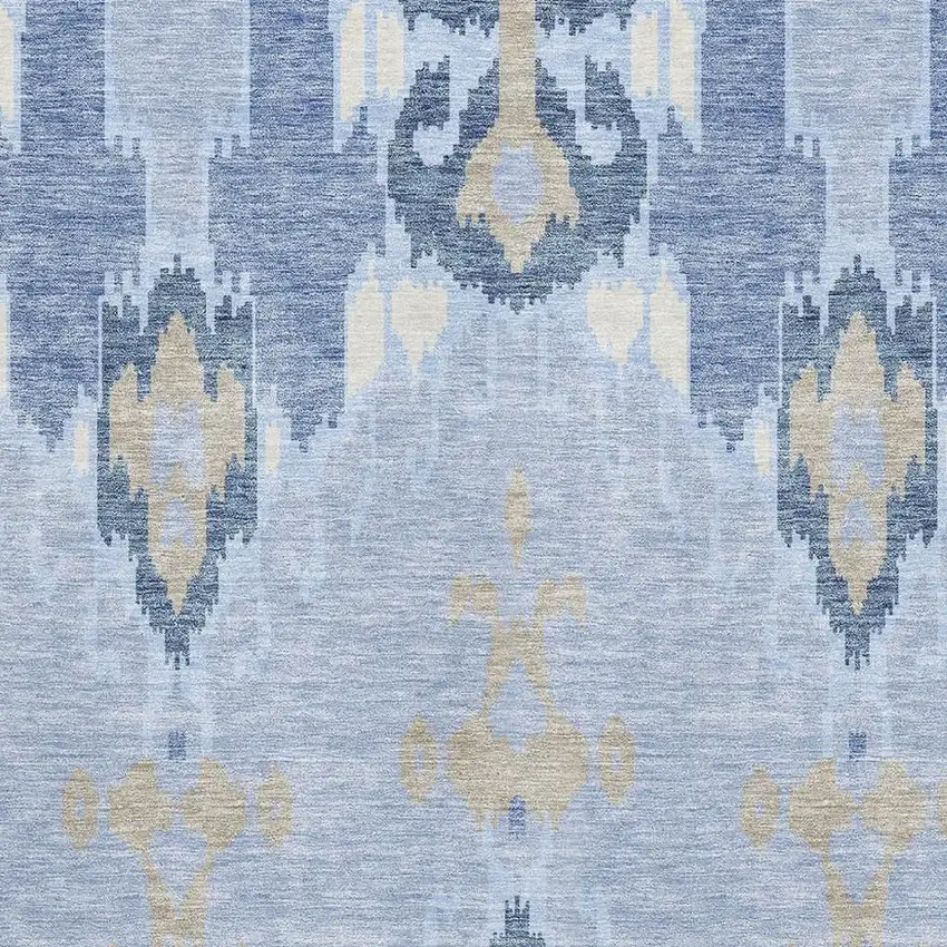 Sky Blue Ivory And Tan Ikat Washable Area Rug With UV Protection Photo 3