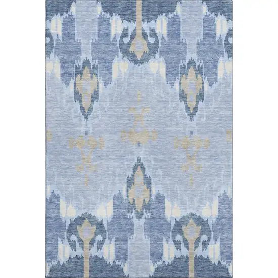 Sky Blue Ivory And Tan Ikat Washable Area Rug With UV Protection Photo 1