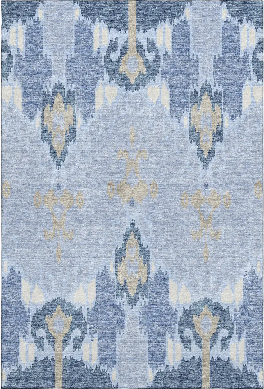 Sky Blue Ivory And Tan Ikat Washable Area Rug With UV Protection Photo 1