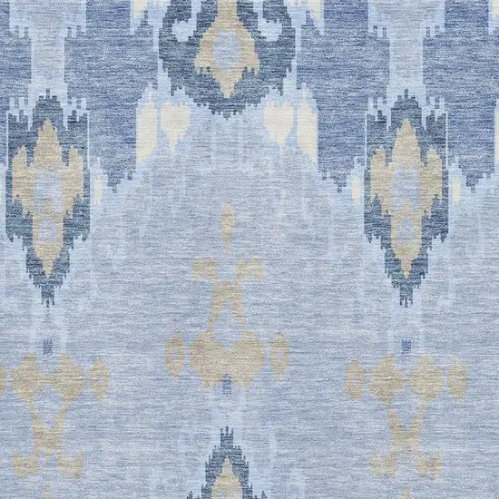 Sky Blue Ivory And Tan Ikat Washable Area Rug With UV Protection Photo 3