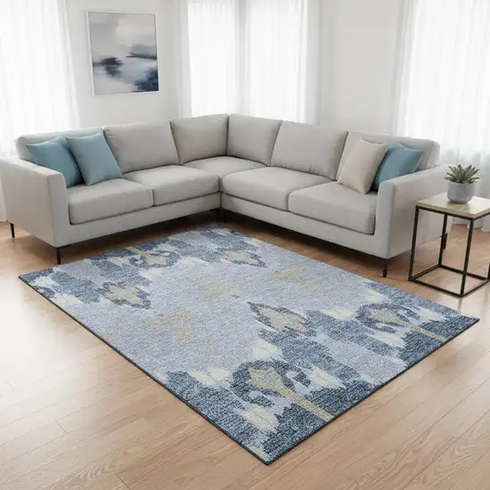 Sky Blue Ivory And Tan Ikat Washable Area Rug With UV Protection Photo 2