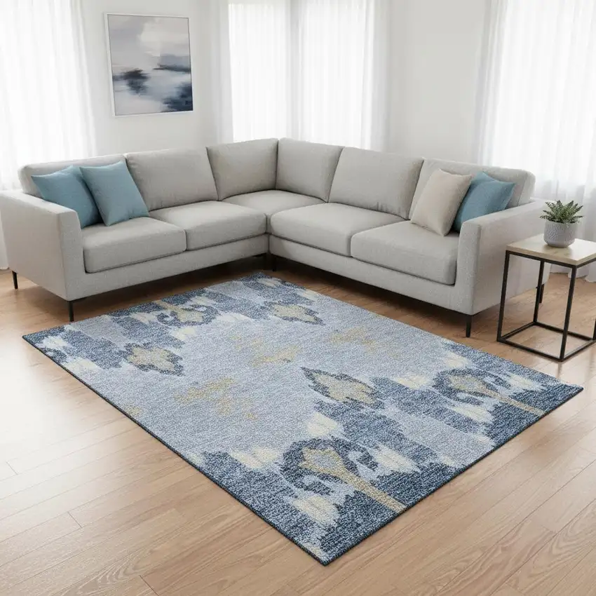 Sky Blue Ivory And Tan Ikat Washable Area Rug With UV Protection Photo 2