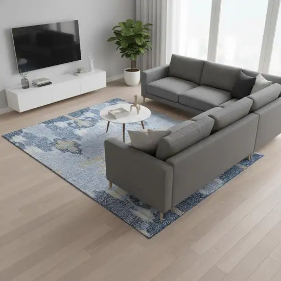 Sky Blue Ivory And Tan Ikat Washable Area Rug With UV Protection Photo 2