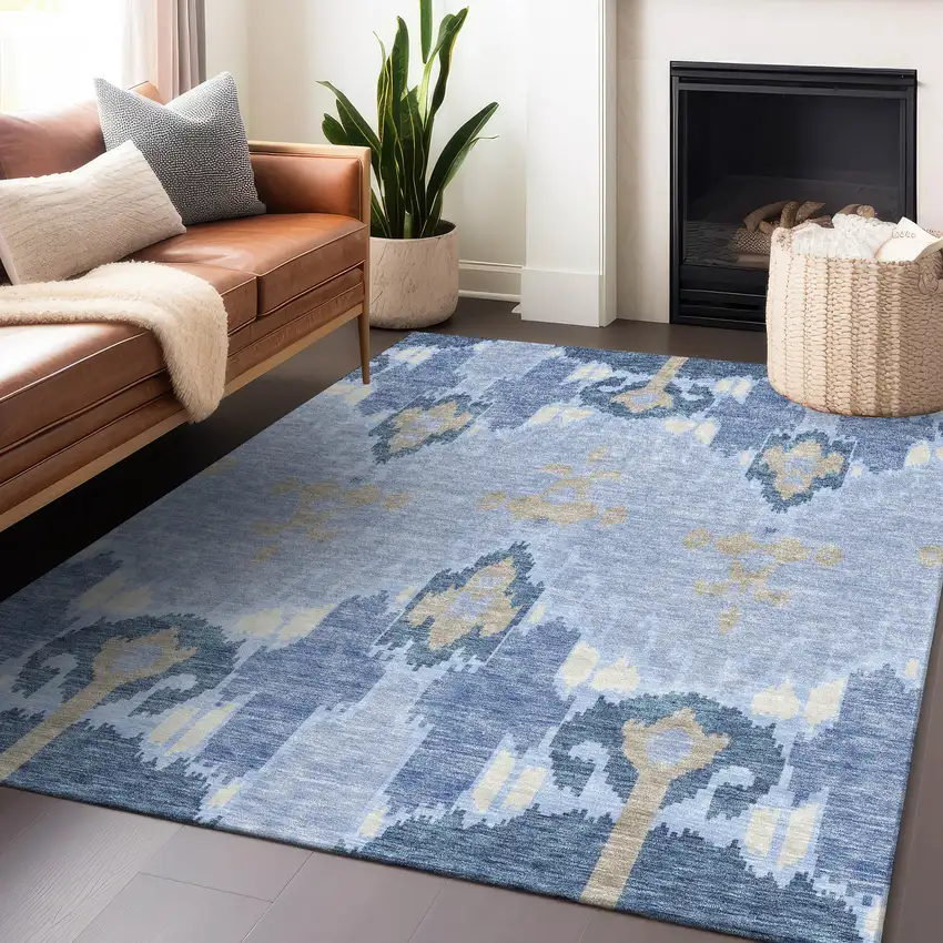 Sky Blue Ivory And Tan Ikat Washable Area Rug With UV Protection Photo 6