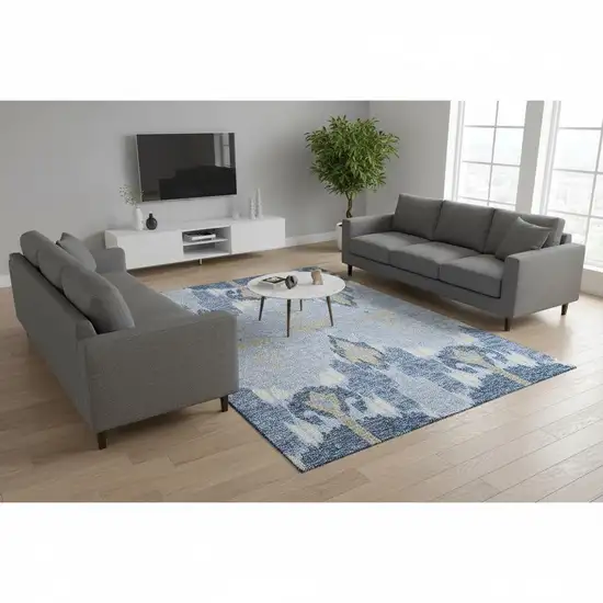 Sky Blue Ivory And Tan Ikat Washable Area Rug With UV Protection Photo 2