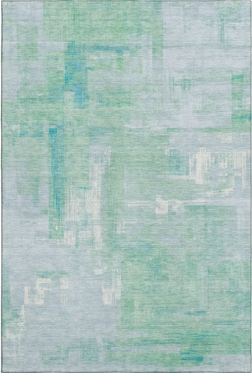Sky Blue Ivory And Teal Abstract Washable Area Rug With UV Protection Photo 1