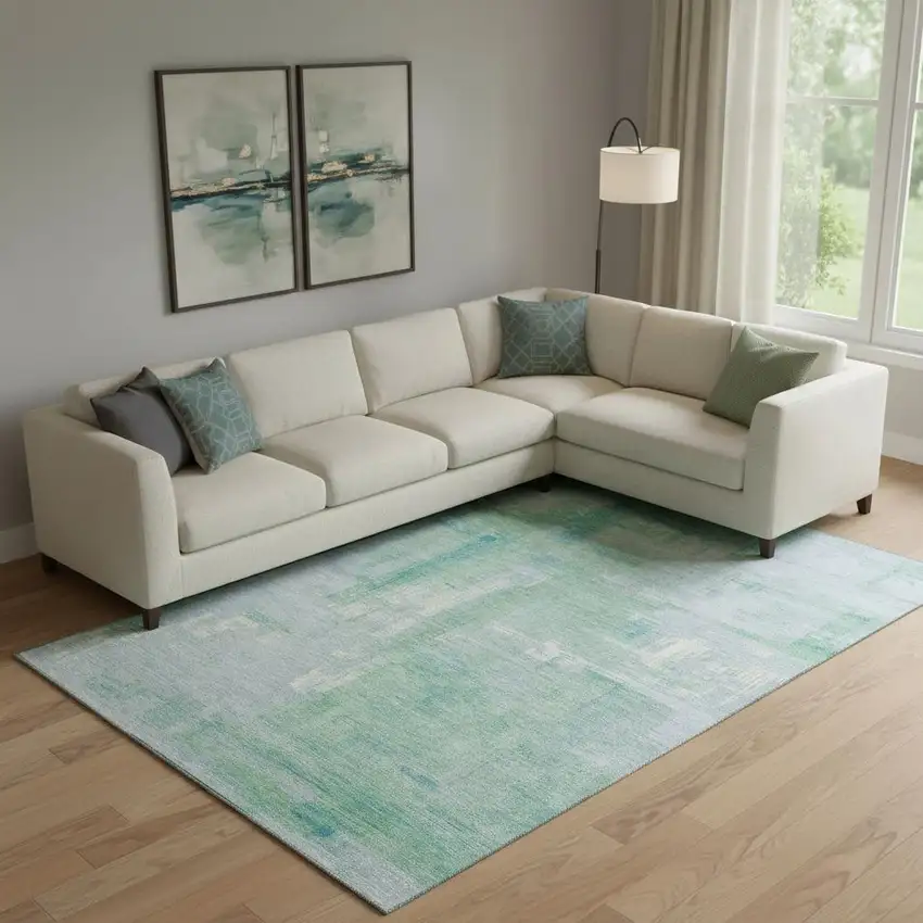 Sky Blue Ivory And Teal Abstract Washable Area Rug With UV Protection Photo 2