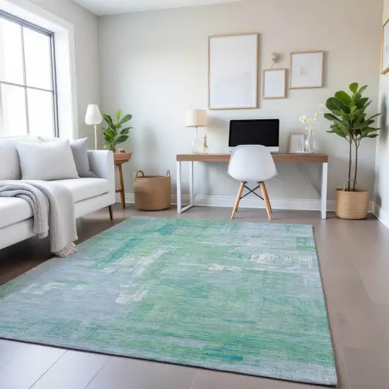 Sky Blue Ivory And Teal Abstract Washable Area Rug With UV Protection Photo 4