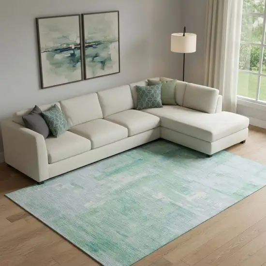 Sky Blue Ivory And Teal Abstract Washable Area Rug With UV Protection Photo 2