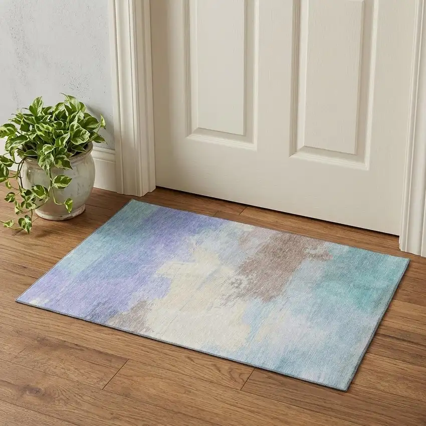 Sky Blue Lavender And Beige Abstract Washable Area Rug With UV Protection Photo 1