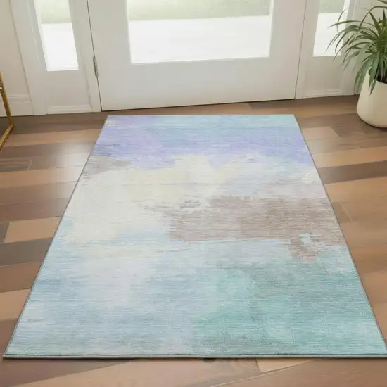 Sky Blue Lavender And Beige Abstract Washable Area Rug With UV Protection Photo 2