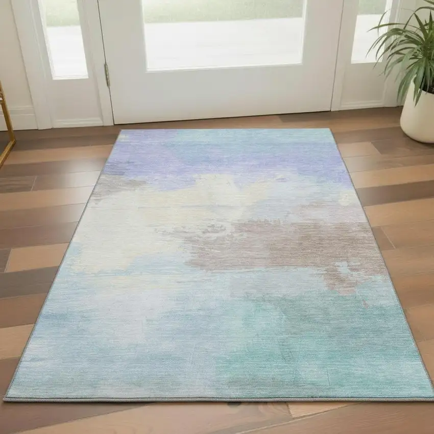 Sky Blue Lavender And Beige Abstract Washable Area Rug With UV Protection Photo 2