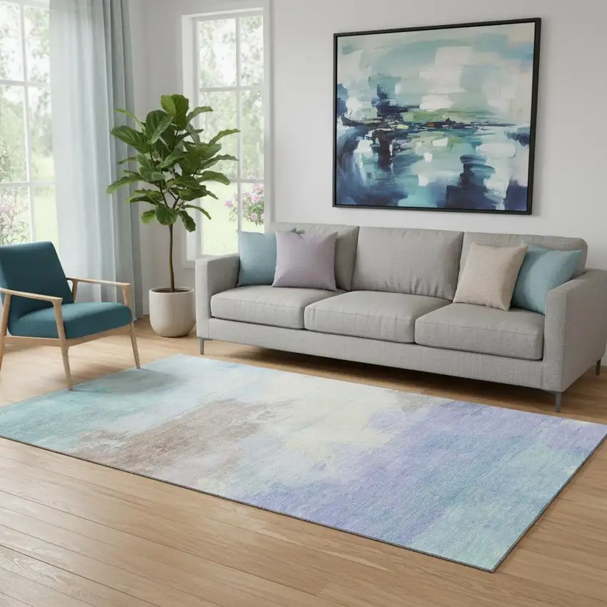 Sky Blue Lavender And Beige Abstract Washable Area Rug With UV Protection Photo 2