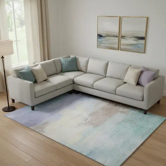 Sky Blue Lavender And Beige Abstract Washable Area Rug With UV Protection Photo 2